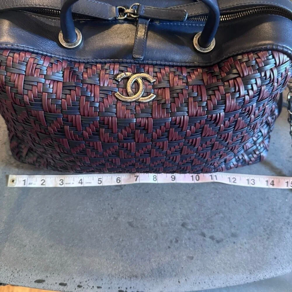 Chanel Navy and‎ Burgundy Woven Leather 2-way Bowler Bag Series 21 Authentic CoA